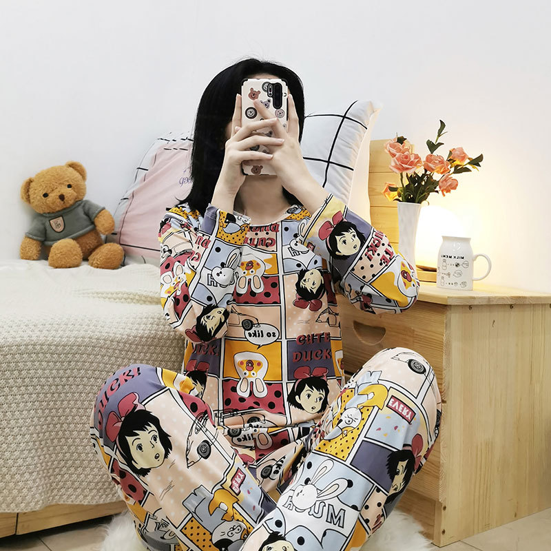 Simple Style Spring and Autumn Pajamas for Women Korean Style Solid Color Plaid Long Sleeve Wearable Loose Homewear Set