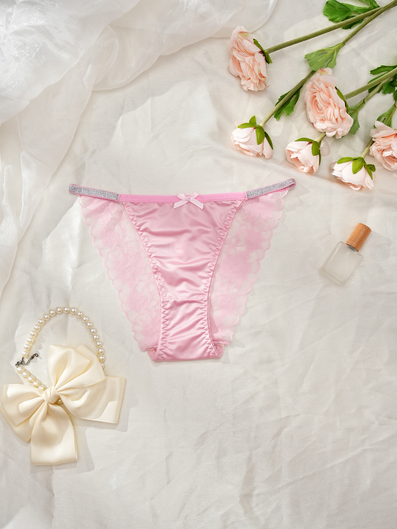 Pure Desire French Bow Satin Women's Triangle Panties Silky Satin Pearl Lace Sexy Thin Strap Women's Underwear-SLIQIA