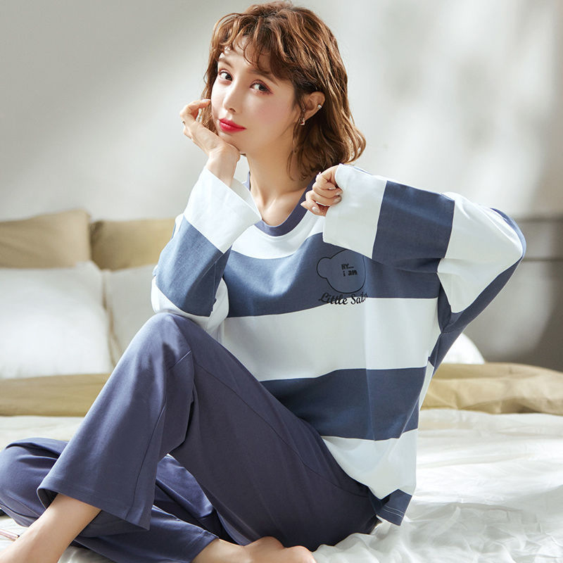 Simple Style Spring and Autumn Pajamas for Women Korean Style Solid Color Plaid Long Sleeve Wearable Loose Homewear Set