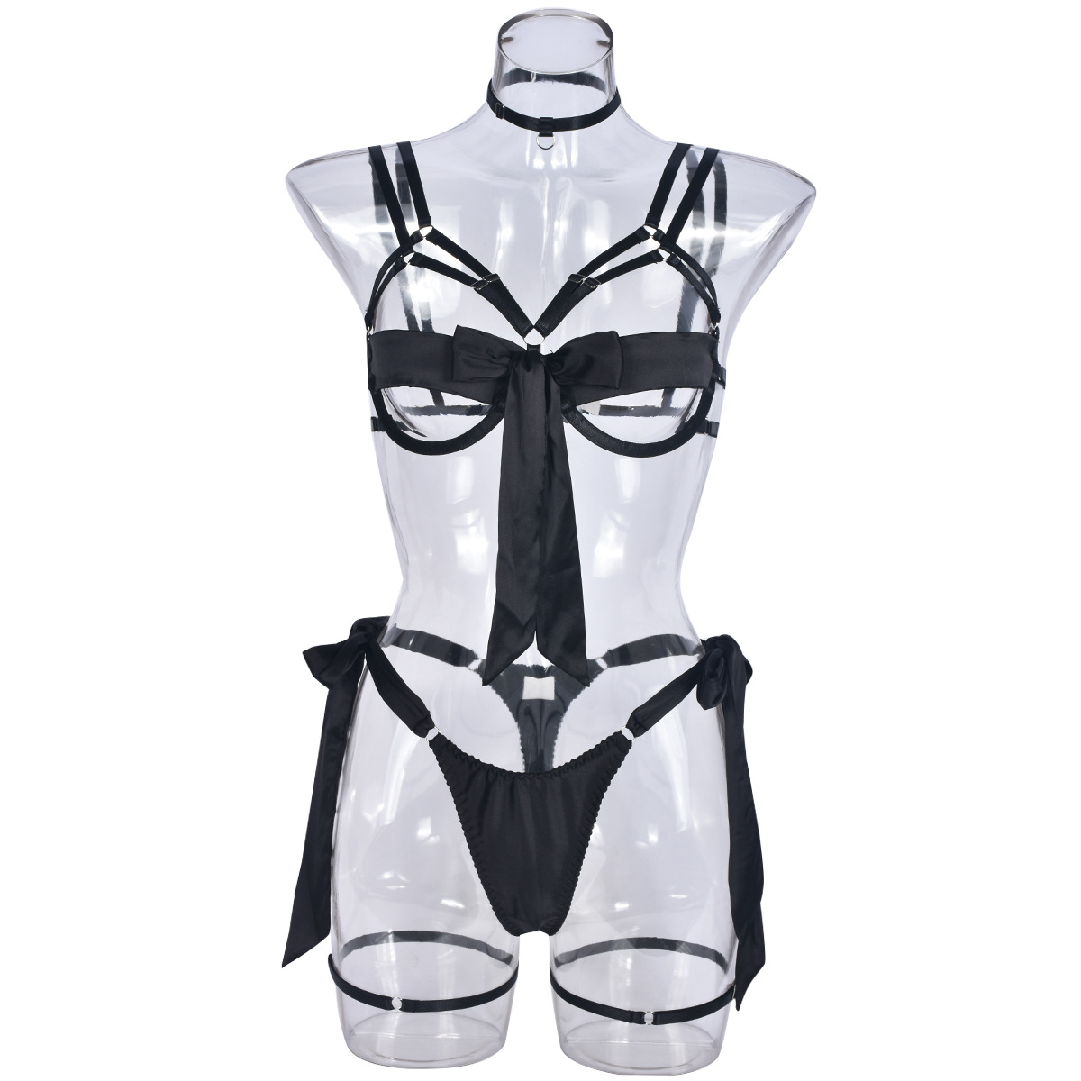 lingerie High-Quality Sexy Lingerie Hot-Selling Satin Sexy Chest-Exposing Leg Ring Strap 4-Piece Set-SLIQIA