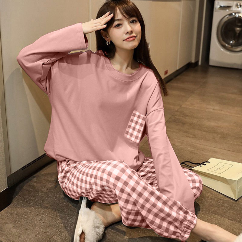 Simple Style Spring and Autumn Pajamas for Women Korean Style Solid Color Plaid Long Sleeve Wearable Loose Homewear Set