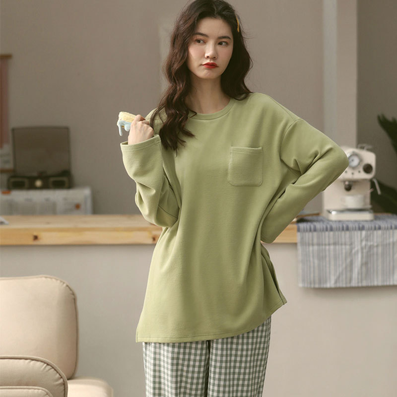 Simple Style Spring and Autumn Pajamas for Women Korean Style Solid Color Plaid Long Sleeve Wearable Loose Homewear Set