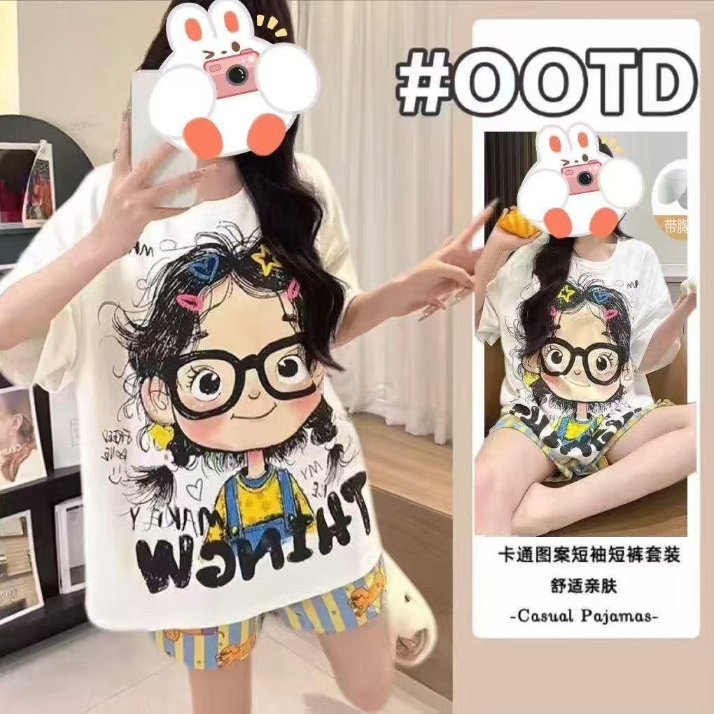 Printed Pajamas Women's Summer Short Sleeve Thin round Neck Suit Cute Cartoon Student Girl Home Wear
