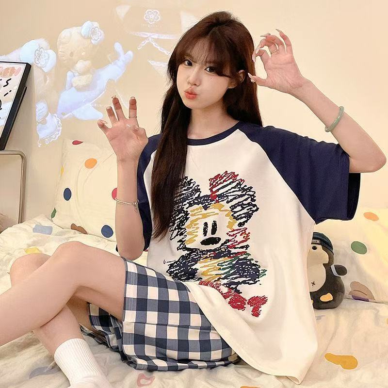 Printed Pajamas Women's Summer Short Sleeve Thin round Neck Suit Cute Cartoon Student Girl Home Wear