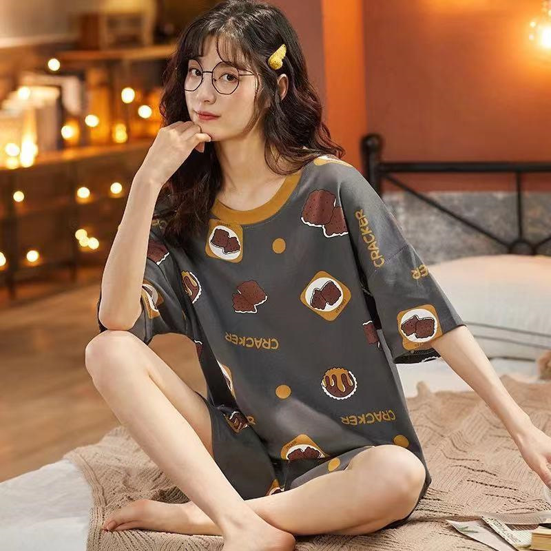 Printed Pajamas Women's Summer Short Sleeve Thin round Neck Suit Cute Cartoon Student Girl Home Wear