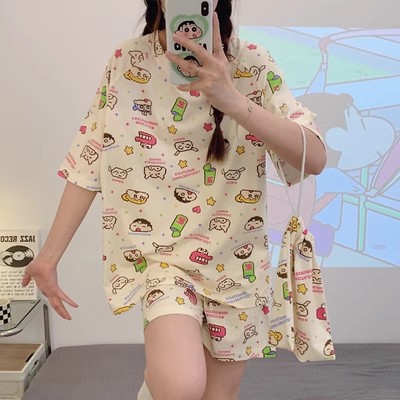 Printed Pajamas Women's Summer Short Sleeve Thin round Neck Suit Cute Cartoon Student Girl Home Wear