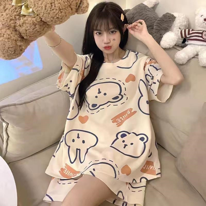 Printed Pajamas Women's Summer Short Sleeve Thin round Neck Suit Cute Cartoon Student Girl Home Wear