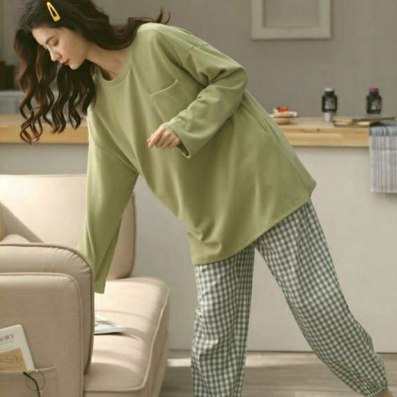 Simple Style Spring and Autumn Pajamas for Women Korean Style Solid Color Plaid Long Sleeve Wearable Loose Homewear Set