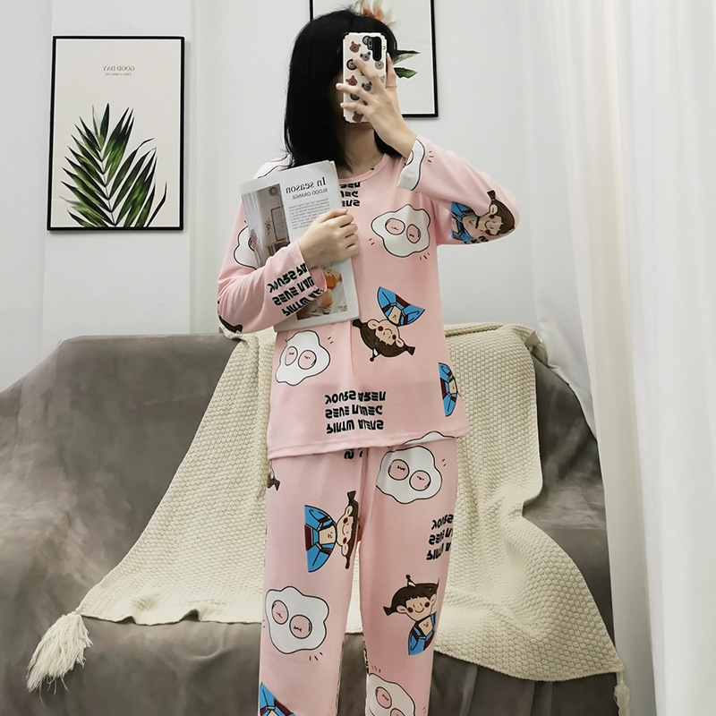 Simple Style Spring and Autumn Pajamas for Women Korean Style Solid Color Plaid Long Sleeve Wearable Loose Homewear Set