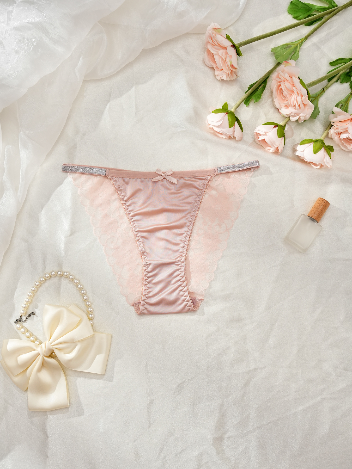 Pure Desire French Bow Satin Women's Triangle Panties Silky Satin Pearl Lace Sexy Thin Strap Women's Underwear-SLIQIA