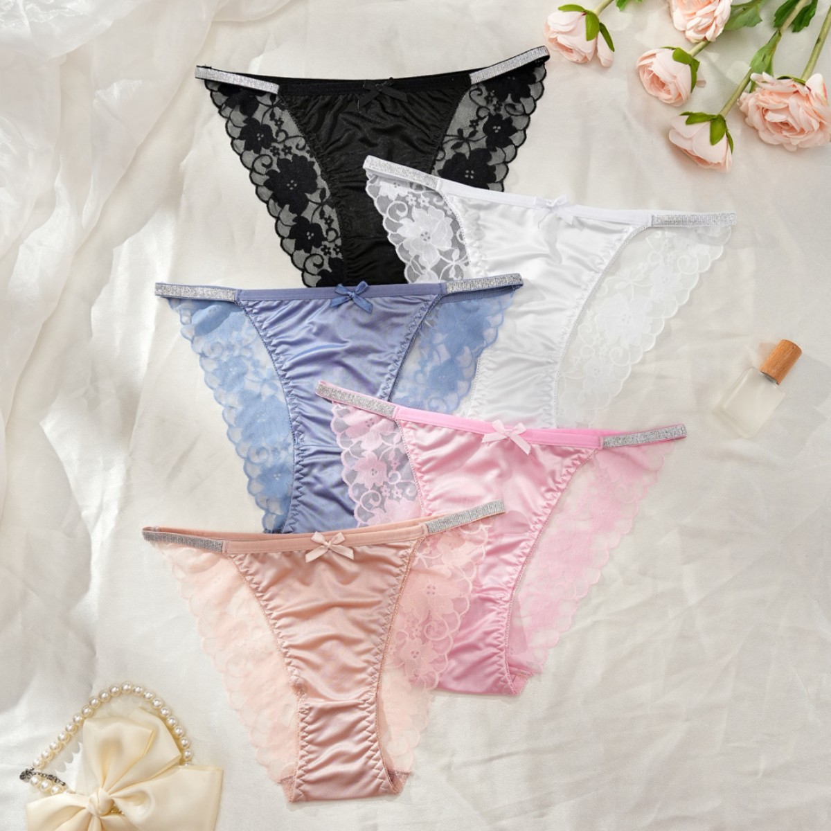 Pure Desire French Bow Satin Women's Triangle Panties Silky Satin Pearl Lace Sexy Thin Strap Women's Underwear-SLIQIA