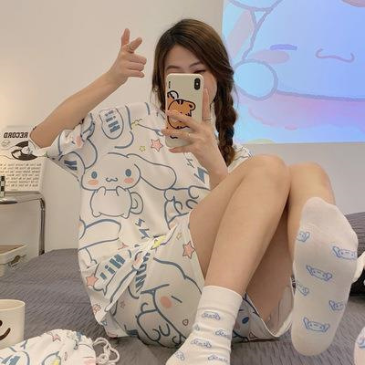 Printed Pajamas Women's Summer Short Sleeve Thin round Neck Suit Cute Cartoon Student Girl Home Wear