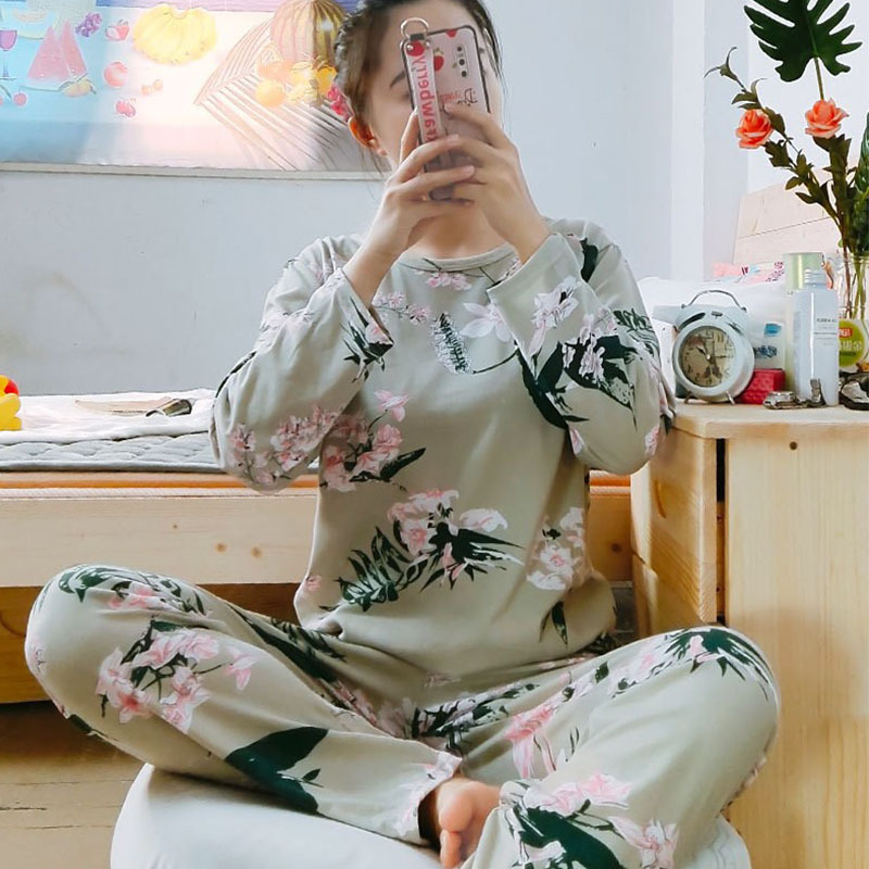 Simple Style Spring and Autumn Pajamas for Women Korean Style Solid Color Plaid Long Sleeve Wearable Loose Homewear Set