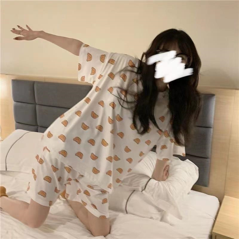 Printed Pajamas Women's Summer Short Sleeve Thin round Neck Suit Cute Cartoon Student Girl Home Wear