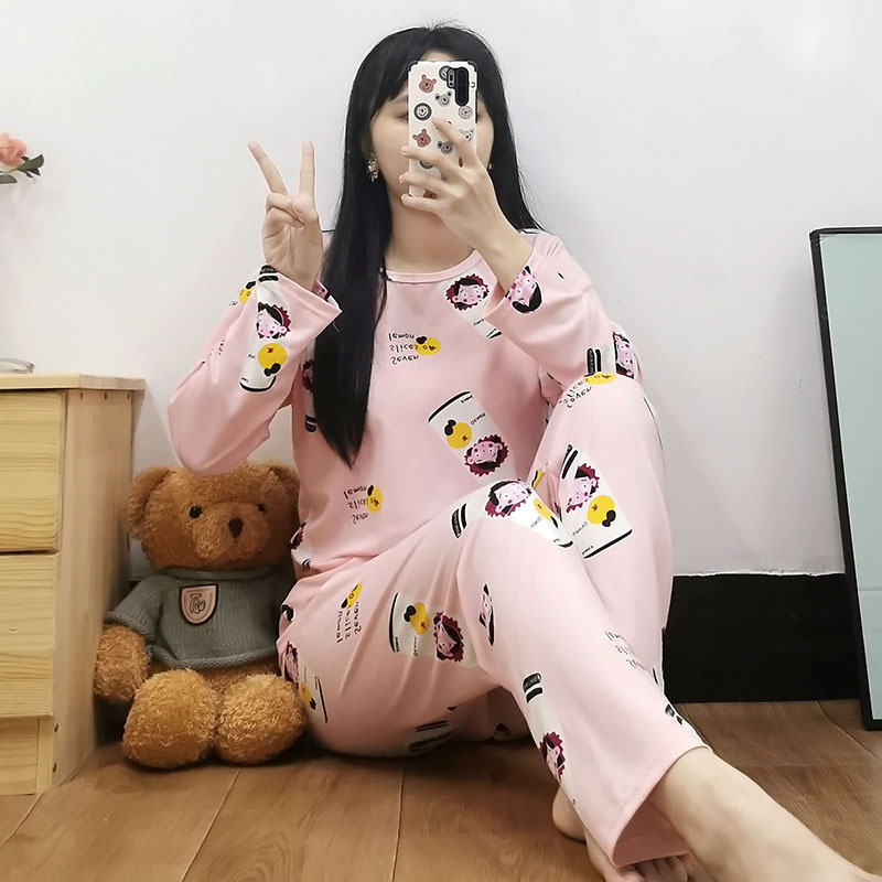 Simple Style Spring and Autumn Pajamas for Women Korean Style Solid Color Plaid Long Sleeve Wearable Loose Homewear Set