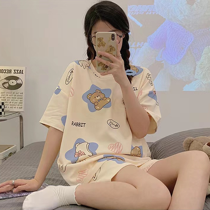 Printed Pajamas Women's Summer Short Sleeve Thin round Neck Suit Cute Cartoon Student Girl Home Wear