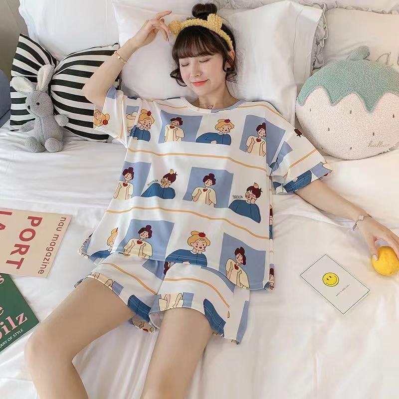 Printed Pajamas Women's Summer Short Sleeve Thin round Neck Suit Cute Cartoon Student Girl Home Wear