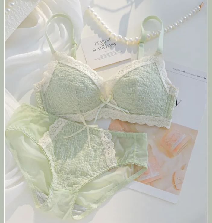 Women's Underwear Small Chest Push-Up Lace Wireless Thin Bra Set with Side Support Anti-Sagging for Girls
