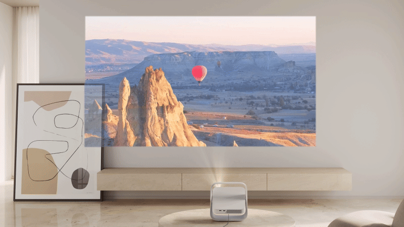 Elfin Flip projector with intelligent obstacle avoidance for uninterrupted viewing.