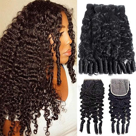  Hair Natural Black Burmese Curly 4 Bundles with 4x4 Lace Closure For Woman