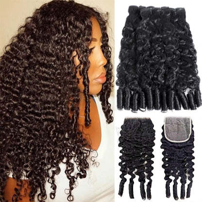  Hair Natural Black Burmese Curly 4 Bundles with 4x4 Lace Closure For Woman
