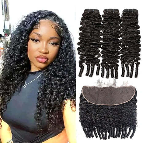  Brazilian Burmese Curly Human Hair 3 Bundles with 13x4 Frontal HD Lace for Women