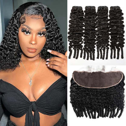  Natural Black Burmese Curly 4 Bundles With 13x4 Lace Frontal Brazilian Virgin Hair