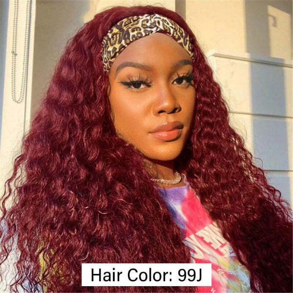  100% Human Hair Grip Headband Scarf Wig Water Wave Human Hair Wig Curly No plucking wigs for Women No Glue No Sew In