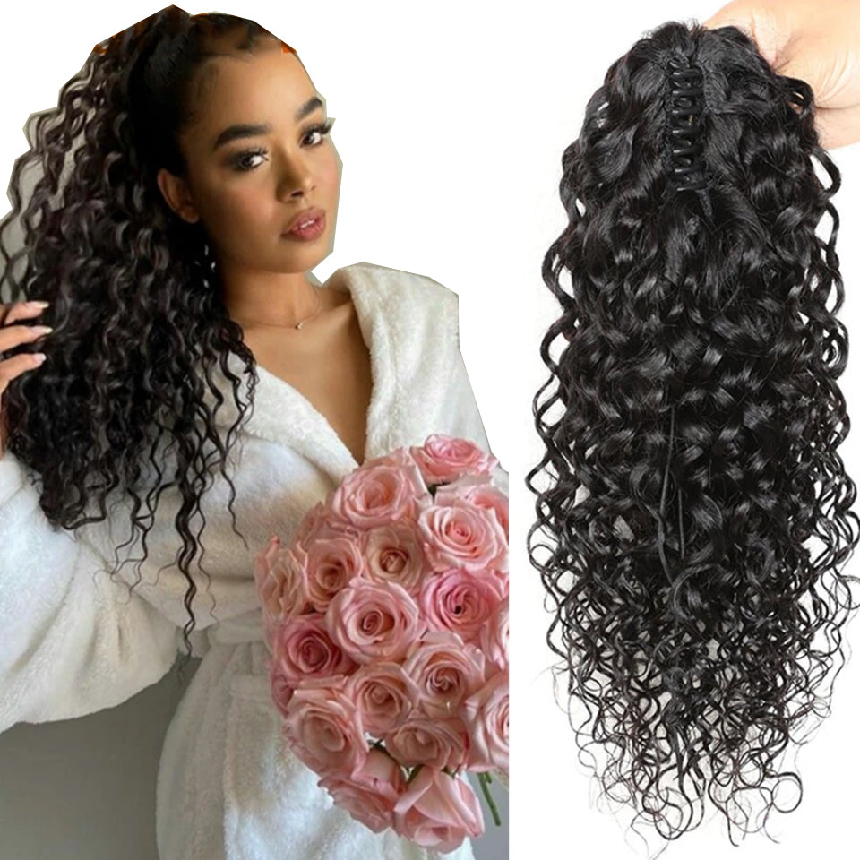 Water Wave Claw Ponytail Human Hair Extensions Natural Black Color