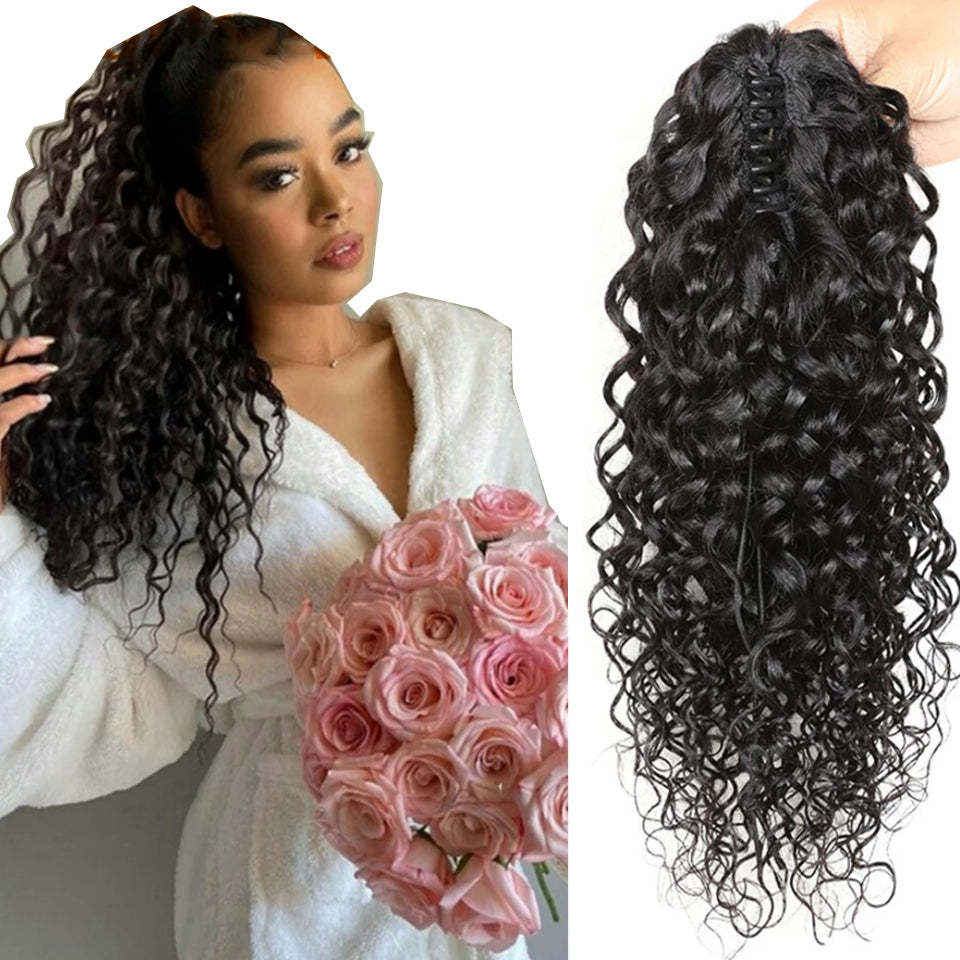 Water Wave Claw Ponytail Human Hair Extensions Natural Black Color