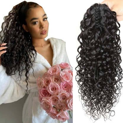 Water Wave Claw Ponytail Human Hair Extensions Natural Black Color