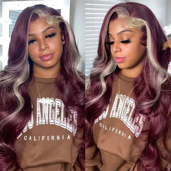 Red Wine and Blonde Skunk Stripe Color Wig Straight 13x4 Lace Front Wig Made of 100% Human Hair