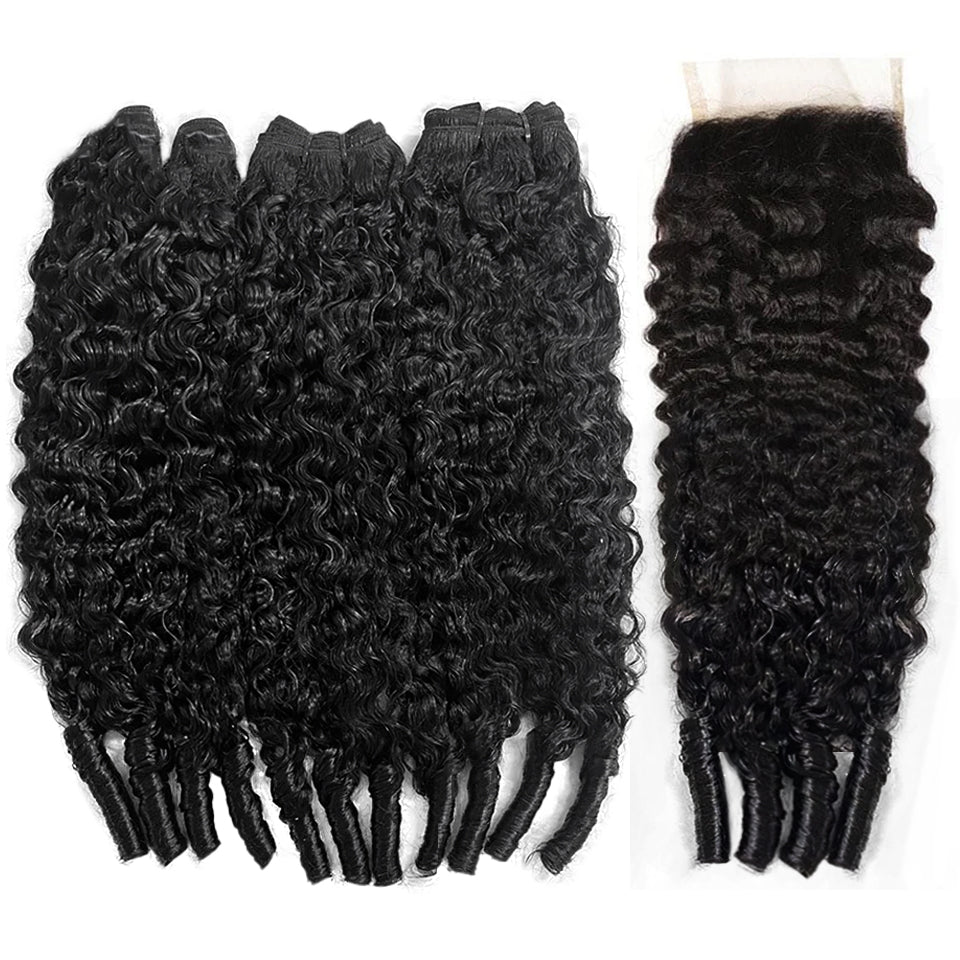  Natural Black Burmese Curly 3 Bundles with 4x4 Lace Closure Burmese Human Hair Extension