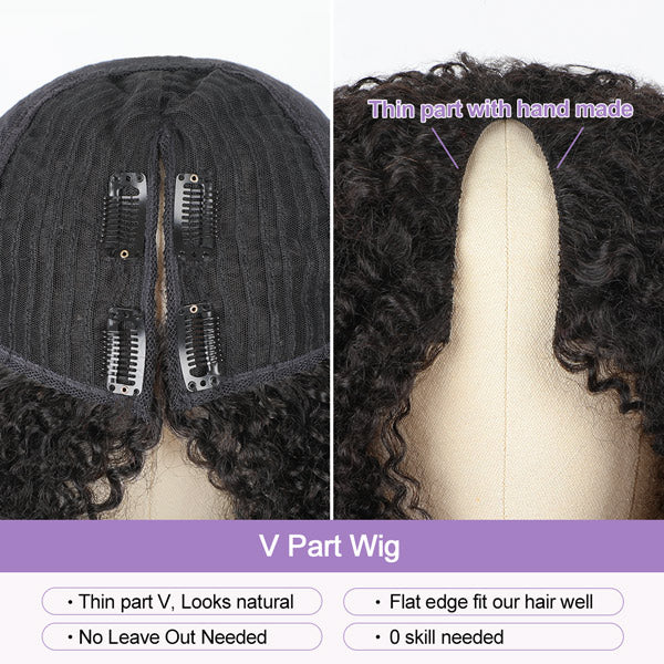 Afro Curly V Part Wig No Leave Out Thin Part Glueless Wigs Human Hair Wig