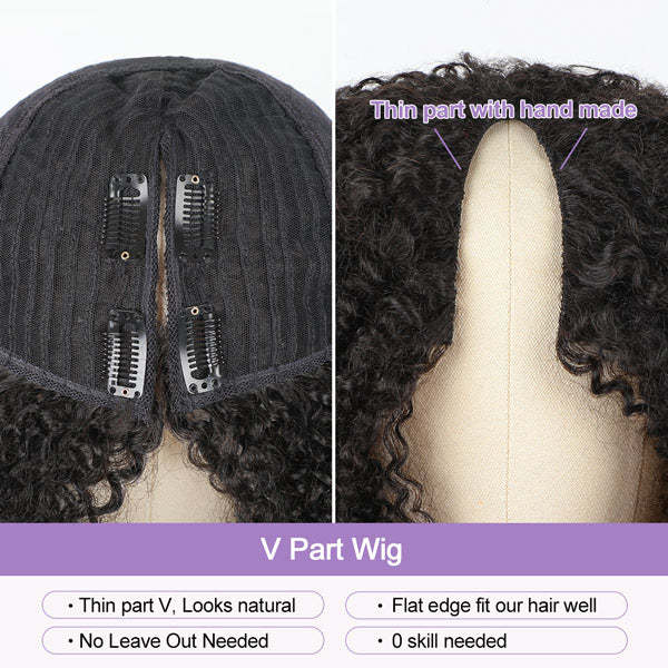 Afro Curly V Part Wig No Leave Out Thin Part Glueless Wigs Human Hair Wig