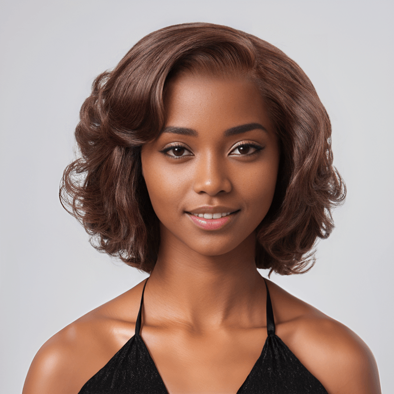13x4 Glueless Layered Chocolate Brown Color Bob Wig Glueless Wavy