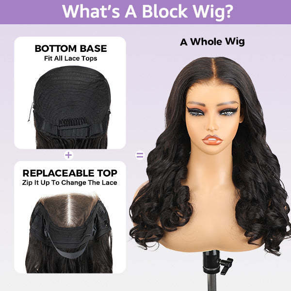 OQ Hair Block Wig Body Wave Bleached Knots Wig With Optional Replaceable Zip Lace Tops