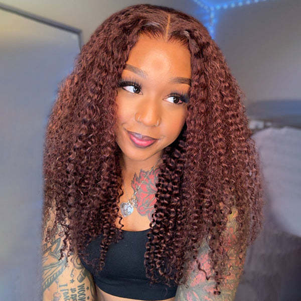  Kinky Curly Reddish Brown Wear Go Glueless Wig Pre-cut 7x5 Lace Wig Pre-plucked Hairline