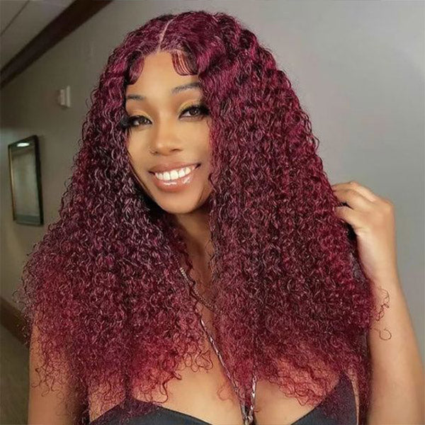 Glueless Color Wigs Kinky Curly 99J Burgundy Color Wear Go Glueless Wig Pre-cut Lace Wig Preplucked 7x5 Lace Wig