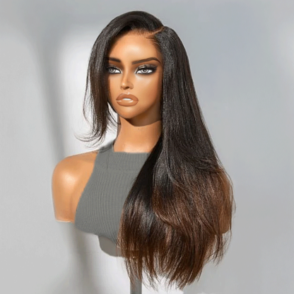 Glueless Layered Ombre Brown Volume Effect Yaki Straight 7x4 Glueless Wig Adjustable Cap