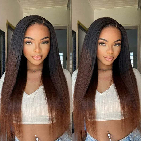 Yaki Straight Chestnut Brown Ombre Glueless V Part Wig With Invisi Drawstring