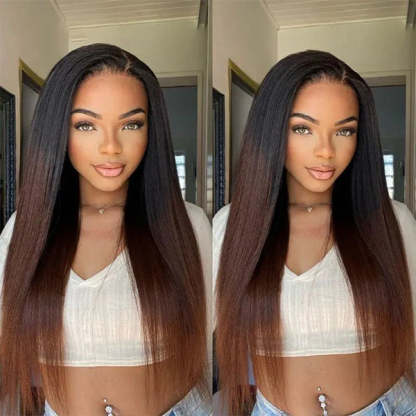 Yaki Straight Chestnut Brown Ombre Glueless V Part Wig With Invisi Drawstring
