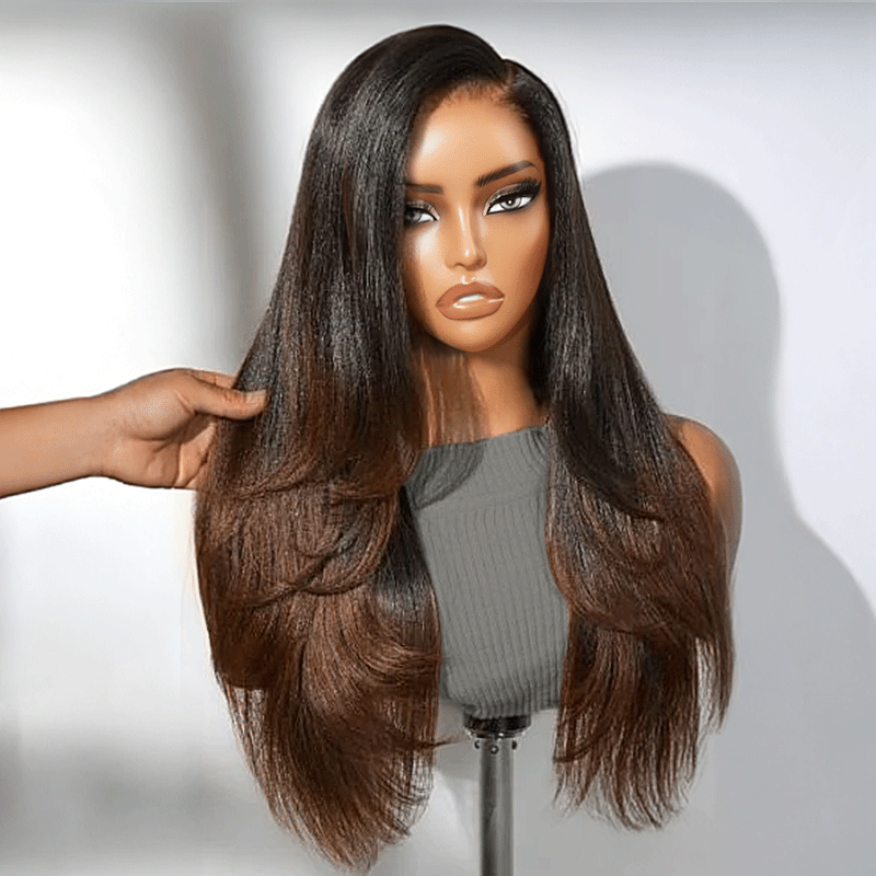 Glueless Layered Ombre Brown Volume Effect Yaki Straight 7x4 Glueless Wig Adjustable Cap
