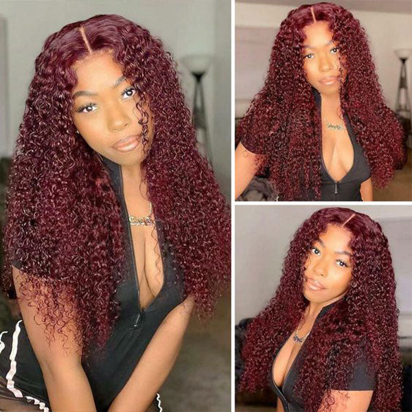Glueless Color Wigs Kinky Curly 99J Burgundy Color Wear Go Glueless Wig Pre-cut Lace Wig Preplucked 7x5 Lace Wig