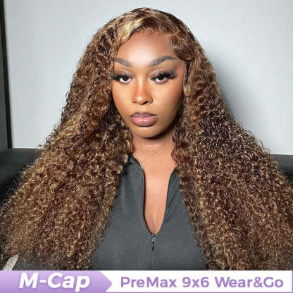  M-cap Kinky Curly 4/27 Highlight Pre Cut 9x6 Lace Wear Go Glueless Wigs Invisible Knots Human Hair Wig