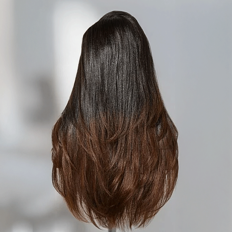 Glueless Layered Ombre Brown Volume Effect Yaki Straight 7x4 Glueless Wig Adjustable Cap