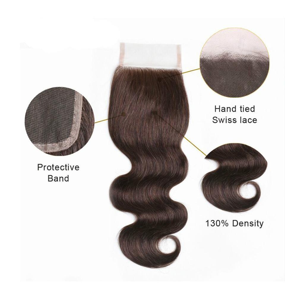  #4 Brown Body Wave 4 Bundles With 4x4 Lace Closure Pre Colored human hair
