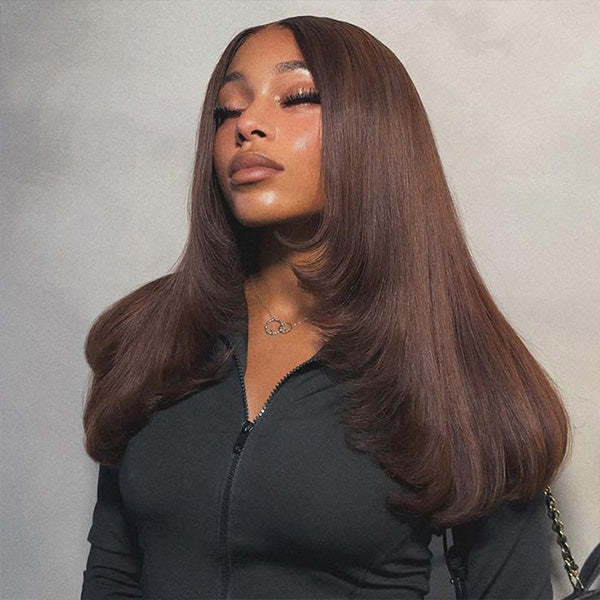  Straight Chocolate Brown Color Layered Cut Wear Go Glueless Wig