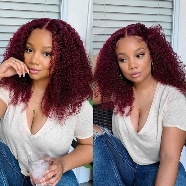 Glueless Color Wigs Kinky Curly 99J Burgundy Color Wear Go Glueless Wig Pre-cut Lace Wig Preplucked 7x5 Lace Wig