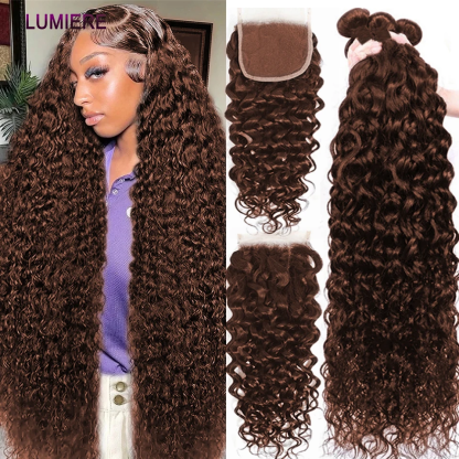 #4 Brown Water Wave 3 Bundles With 4X4 Lace Closure Human Hair Bundles Brazilain Unprocessed Virgin Hair Color #4 